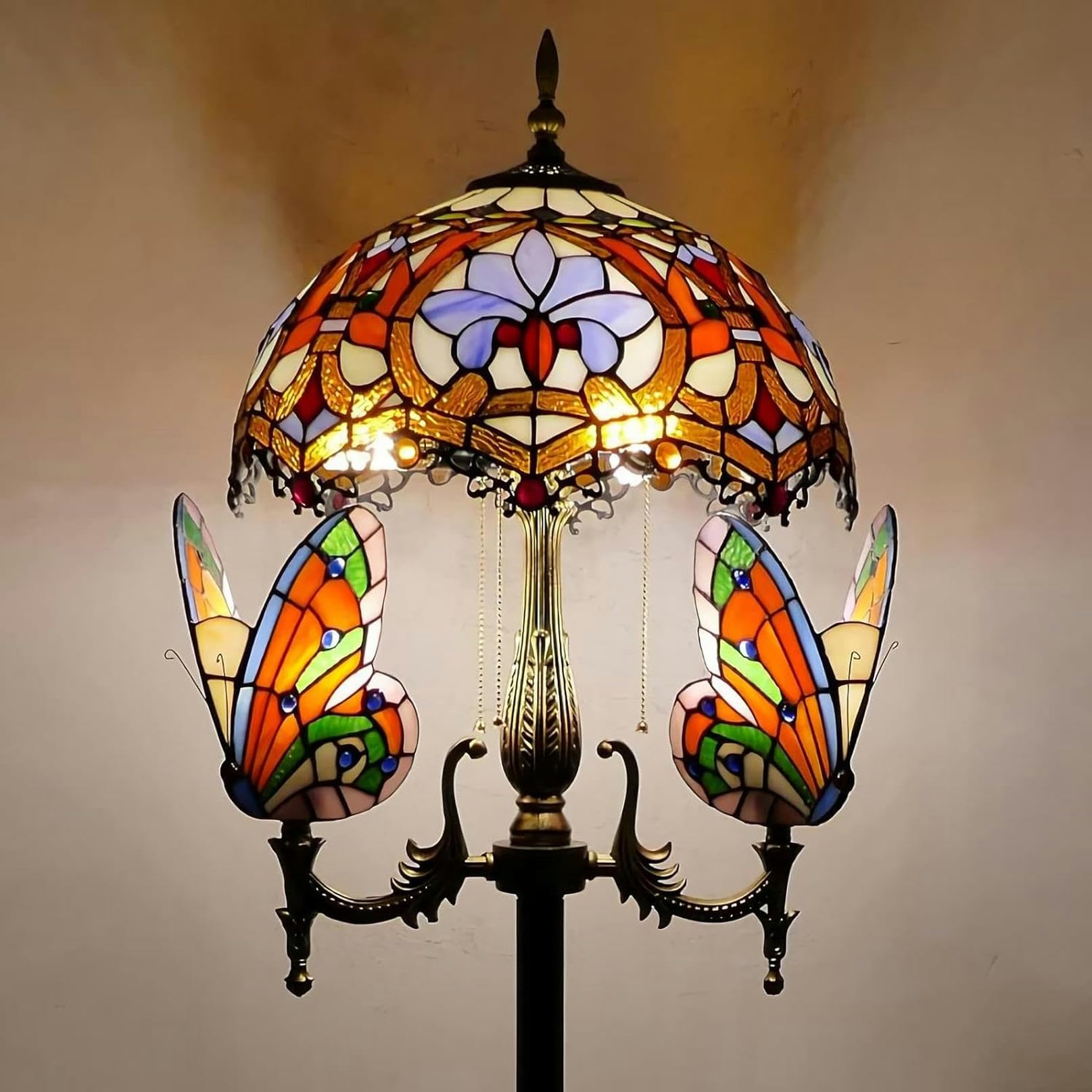IUokLU Tiffany-style Floor Lamp, Stained Glass StandLamp with tterfly Night Light, 65" Tall,Vintage Resin Base ReadLight for Bedroom Office (H)