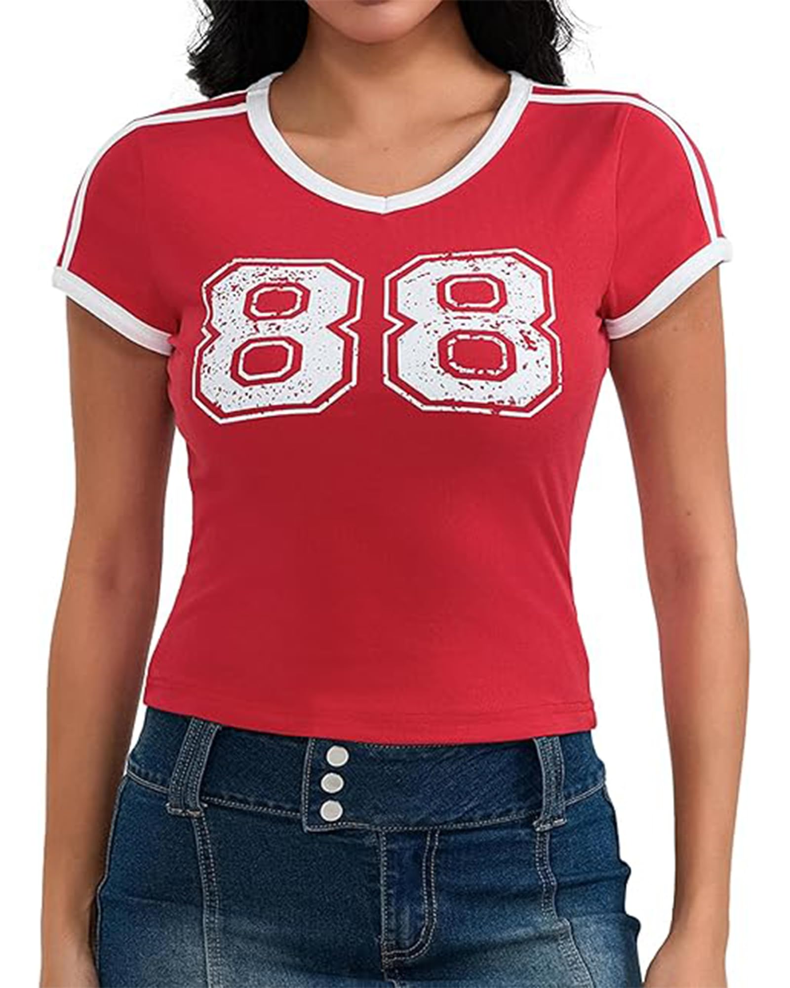 WBDWWTD T-Shirt da Donna Estiva Y2K Crop T-Shirt da Bambino con Numero Grafico Girocollo Top T-Shirt Vintage Blokecore per Ragazza Adolescente Streetwear estetico