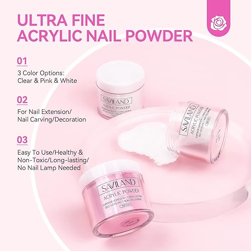 Miniatura 4 de Saviland Kit de uñas acrílicas con taladro y luz UV  Polvo acrílico transparente blanco rosa acrílico líquido negro, rojo y blanco, herramientas de