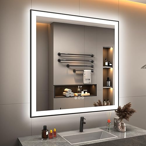 CHARMOR Espejo LED cuadrado de 36 x 36 pulgadas para baño espejo de tocador enmarcado regulable con luces retroiluminado e iluminado frontal para