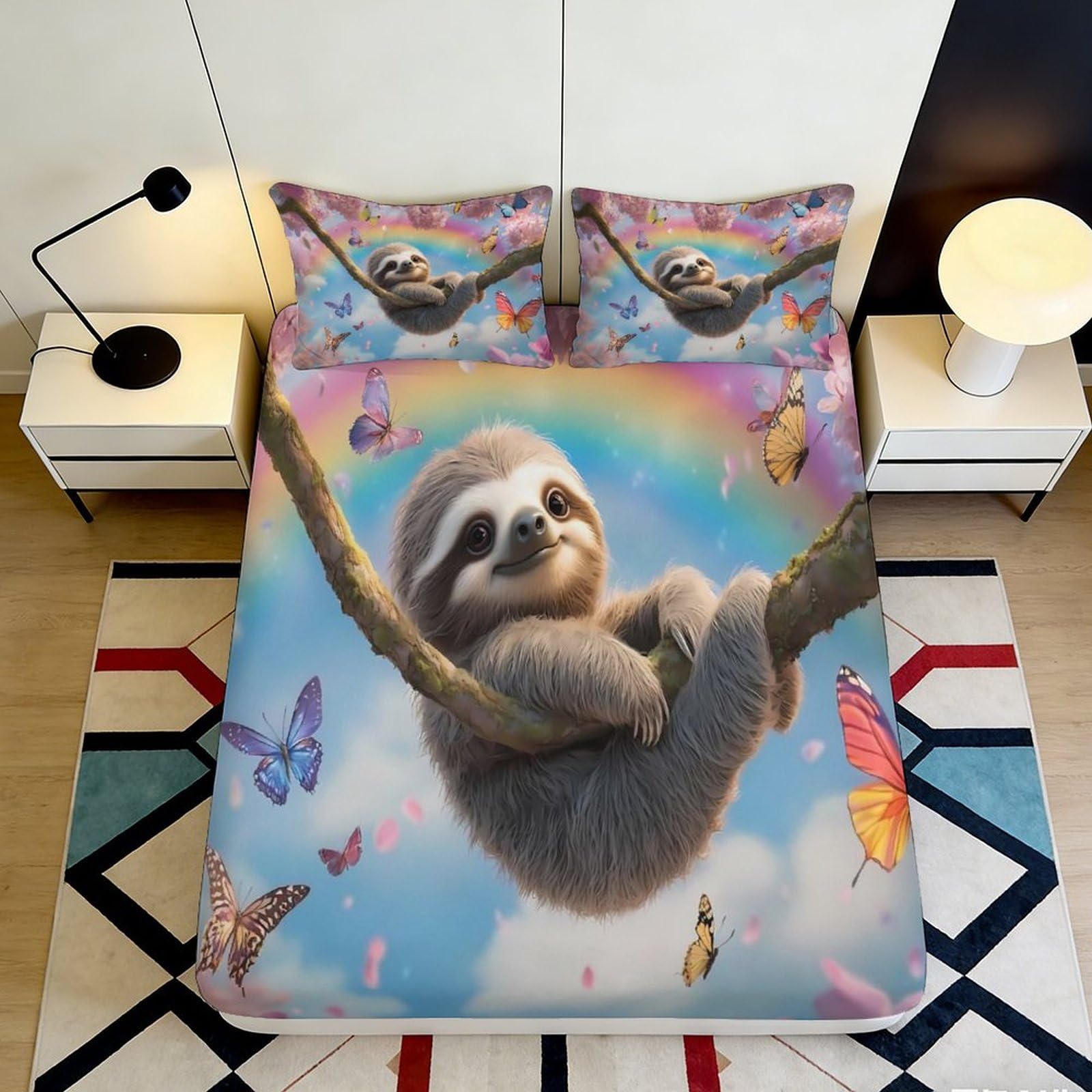 3D Printed Rainbow Sloth Fitted Sheet Microfiber Soft Breathable Butterfly Mattress Cover for Bedroom Guest Room Decor 90x200x25cm