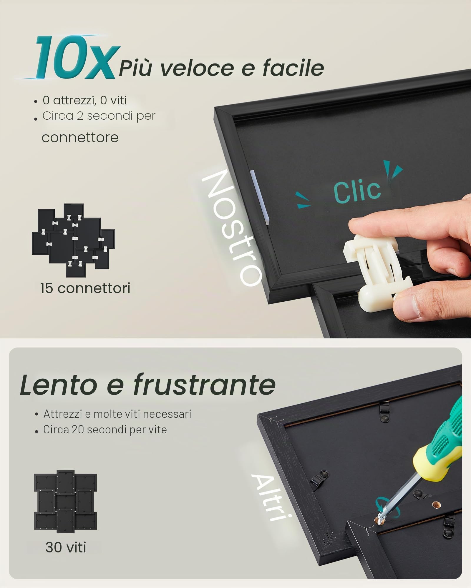 SONGMICS Set di 10 Cornici per Foto in PVC, Portafoto Multiplo da Parete Collage a Incastro, Due da 20 x 25 cm, Quattro da 13 x 18 cm, Quattro da 10 x 15 cm, Nero, Collezione Kavi RPF100BZ01
