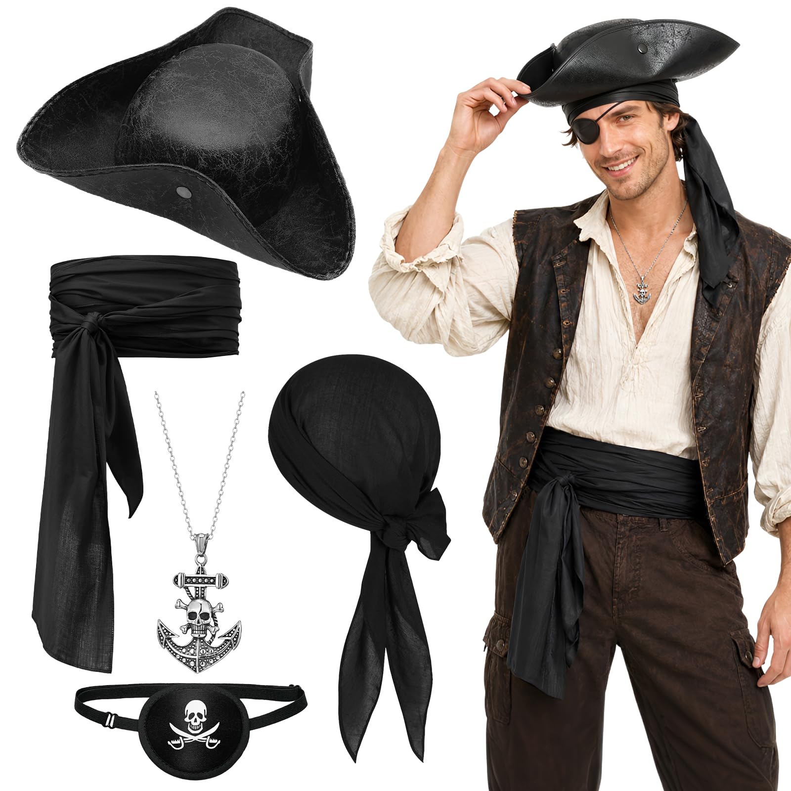 Vervora 5 Pcs Pirate Costume Accessories for Adults Halloween Fancy Dress Set
