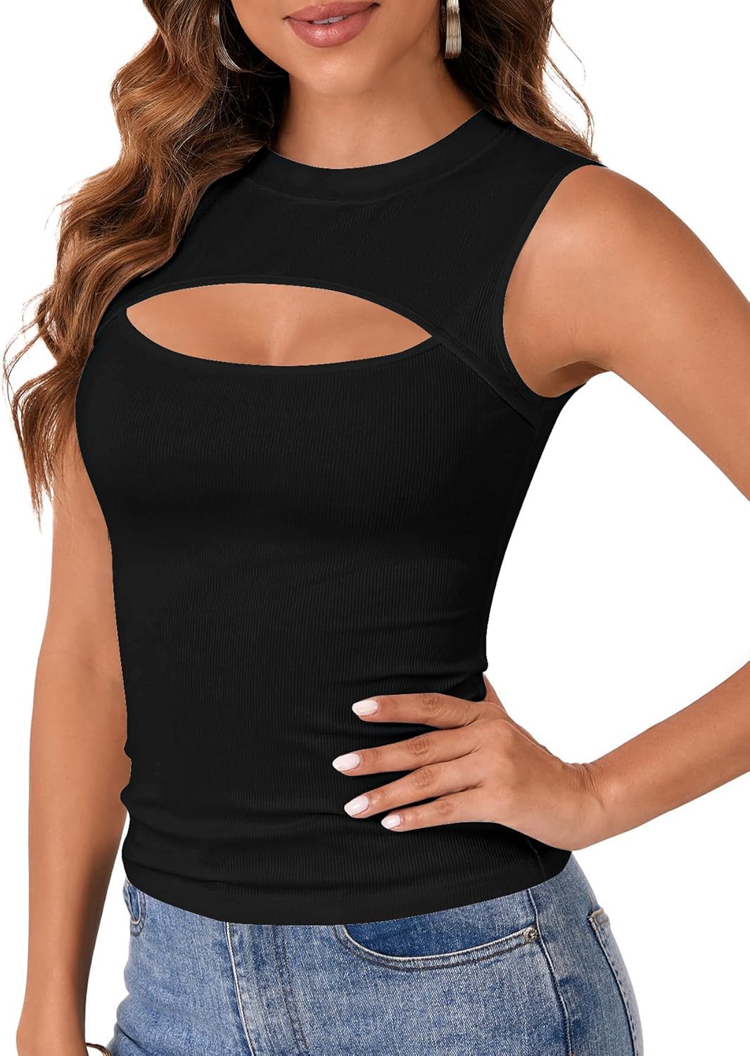 Vrtige Women's Sexy Cut Out Tank Crewneck Ribbed Knit Sleeveless Slim Fit Top Shirt - Image 4