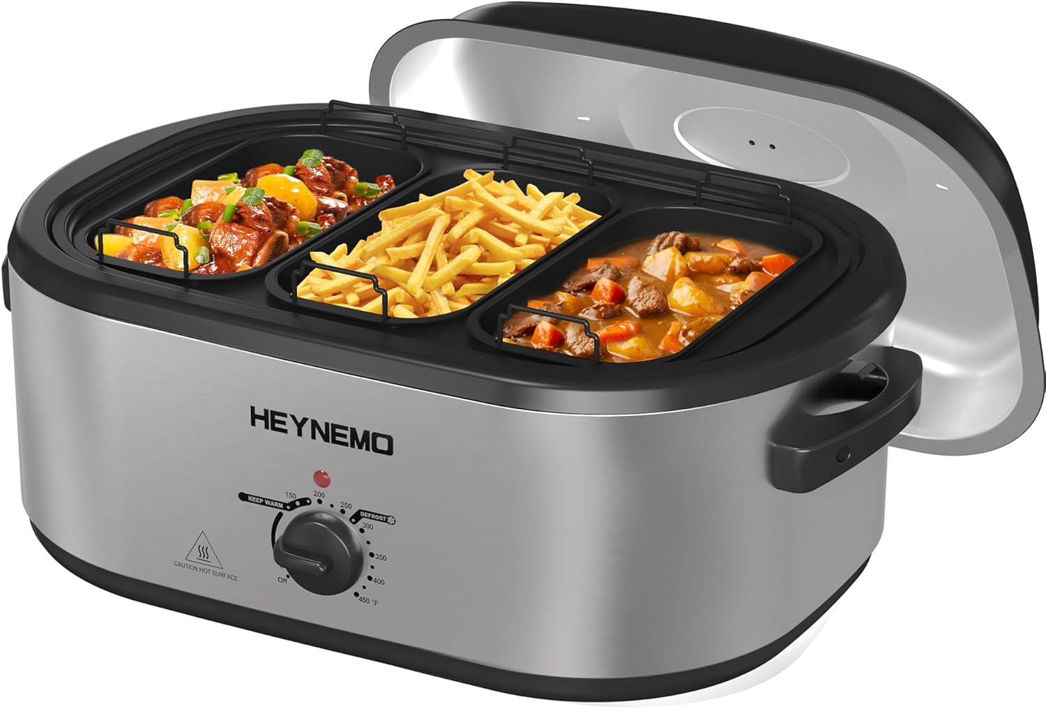 HEYNEMO Electric Roaster Oven, 24 QT Turkey Roaster with Self-Basting Lid and Buffet Server, Turkey Roaster Oven with Defrost and Warm Function, Removable Pan & Rack, Stainless Steel, Silver