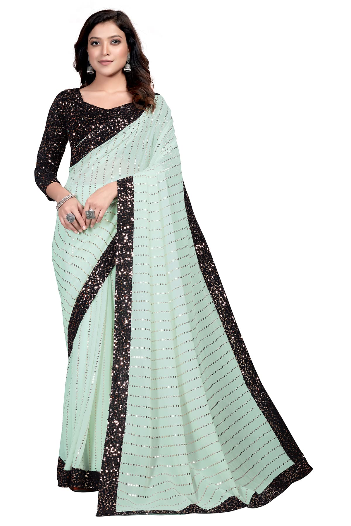 Pratham Blue Women's Sequins Georgette Fancy Saree With Blouse Piece (Pb-42_Light Green)