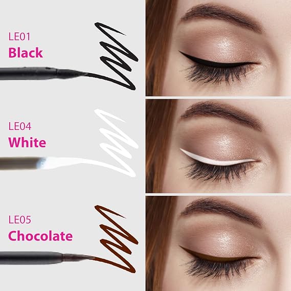 Ruby Kisses Classic Liquid Eyeliner, Smudgeproof Long Lasting Eye Makeup with Felt-Tip Applicator (3 PACK, Black,White,Chocolate)