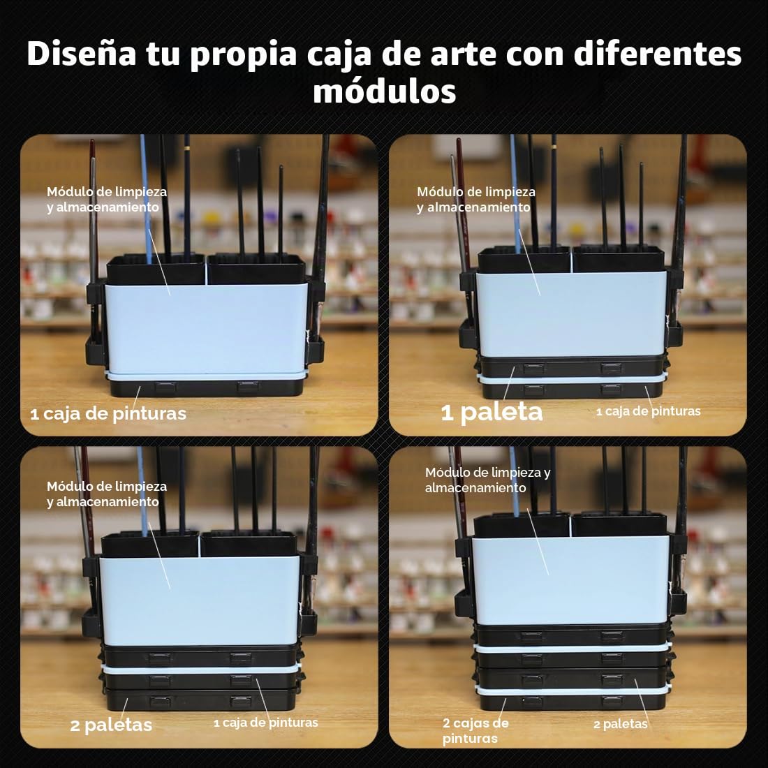 Estación de pintura modular portátil todo en uno con limpiador de pinceles y soportes, bandeja de paleta de pintura húmeda con tapa para pintura en miniatura y pinturas acrílicas (juego