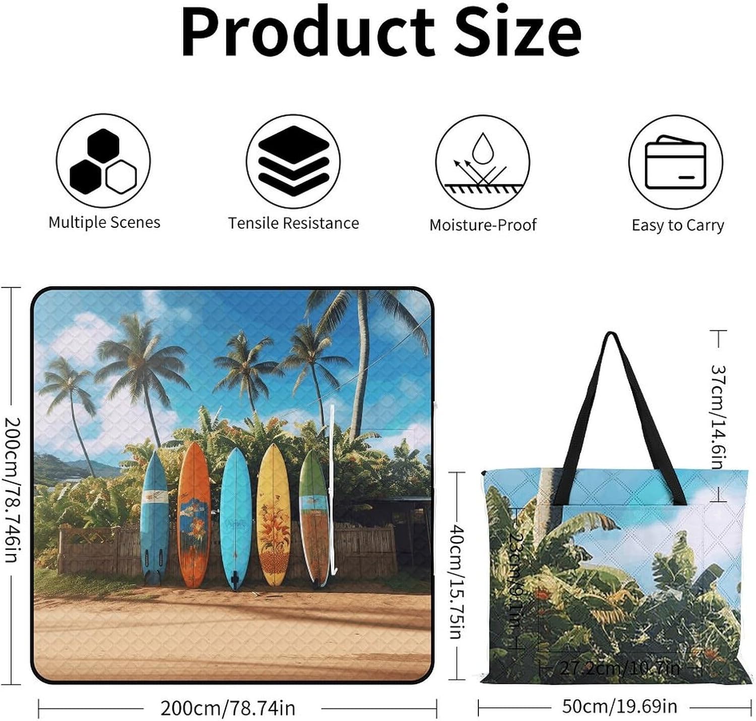 Surf's Up Surfboard Picnic Blanket 200x200cm, Foldable 2-in-1 Picnic Mat and Tote Bag Portable Waterproof Beach Mat Sandproof Outdoor Blanket for Park, Hiking, Beach, Camping, Travel