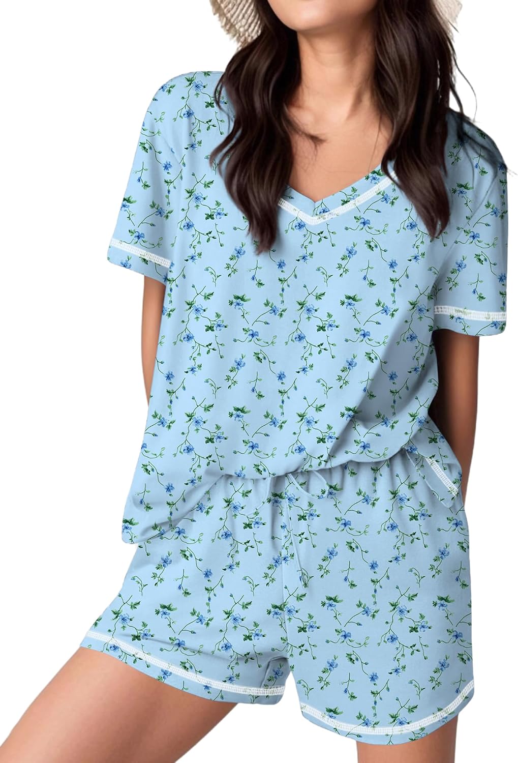 Ekouaer Womens Pajamas Sets Soft 95% Cotton Pjs Short Sleeve Lounge Sets Casual Two Piece Pjs With Pockets