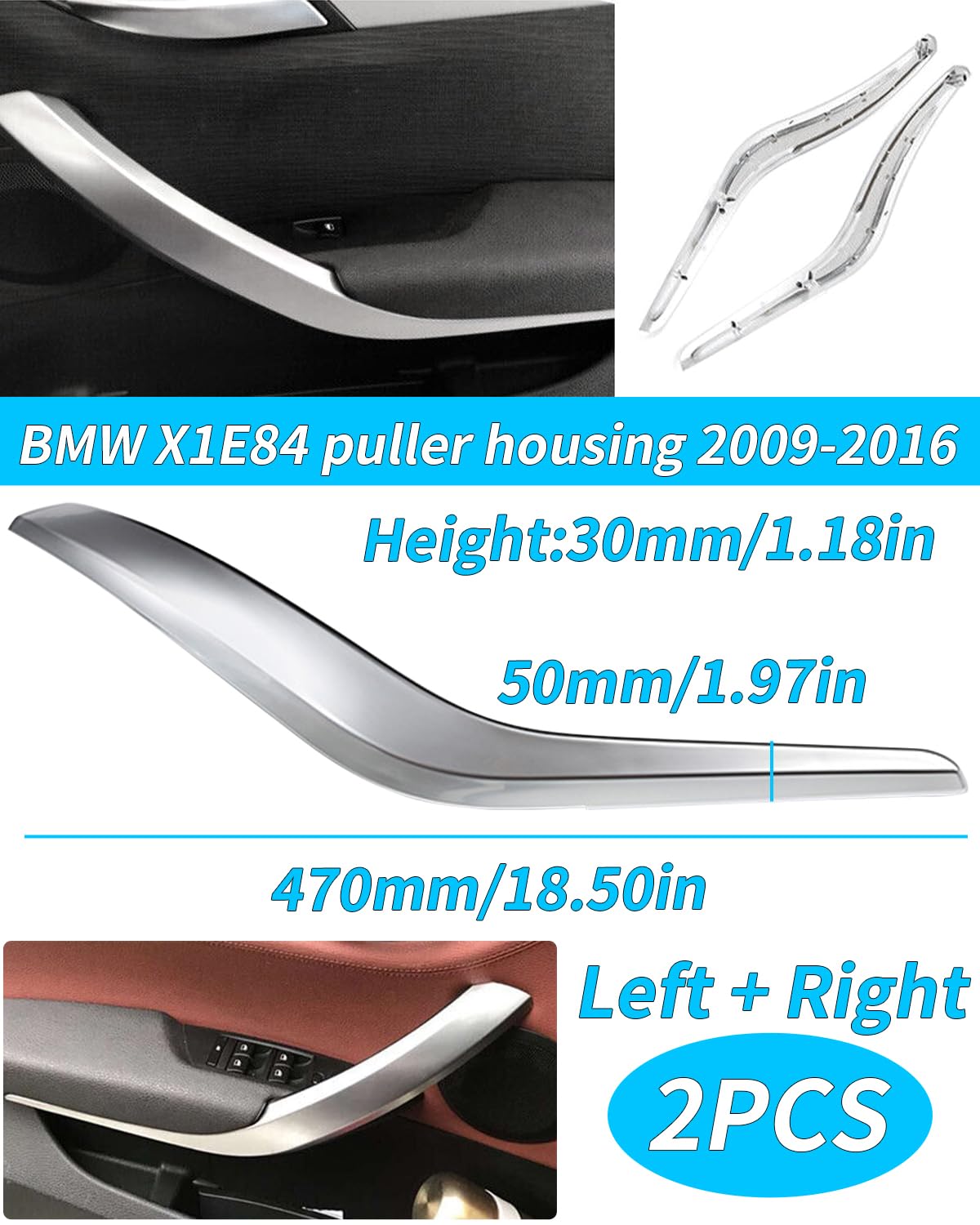 X1 E84 Lot de 2 couvercles de poignée de porte côté gauche + côté droit compatible avec BMW X1 E84 2009-2015, 51412991775#51412991776 (argenté)