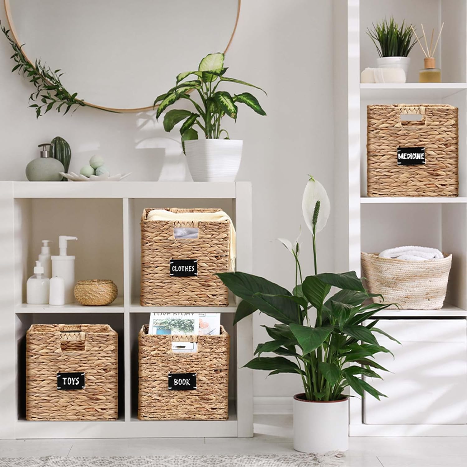 Jinei 12 Pcs Wicker Storage Basket Bulk, 10 x 10 x 10 Inch Handwoven Hyacinth Folding Cube Bin with Handles Labels for Shelves Pantry Laundry Organization