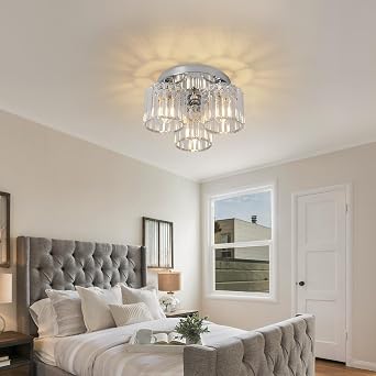 ZYDTRIP Crystal Chandeliers Ceiling Light, 3-Lights Crystal Lights Living Room, Modern Chrome Semi Flush Ceiling Light Fittings for Bedroom, Hallway, Bathroom, Foyer, Kitchen Light Fixture