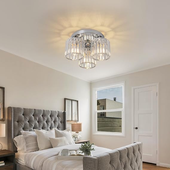 ZYDTRIP Crystal Chandeliers Ceiling Light, 3-Lights Crystal Lights Living Room, Modern Chrome Semi Flush Ceiling Light Fittings for Bedroom, Hallway, Bathroom, Foyer, Kitchen Light Fixture
