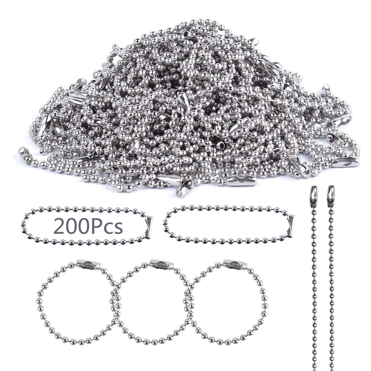 ボールチェーン【約200Pcs】チェーンキーホルダー ビーズ素材 コネクター付き 全長約8cm ボール径約2mm ハンドメイド アクセサリーパーツ シルバー