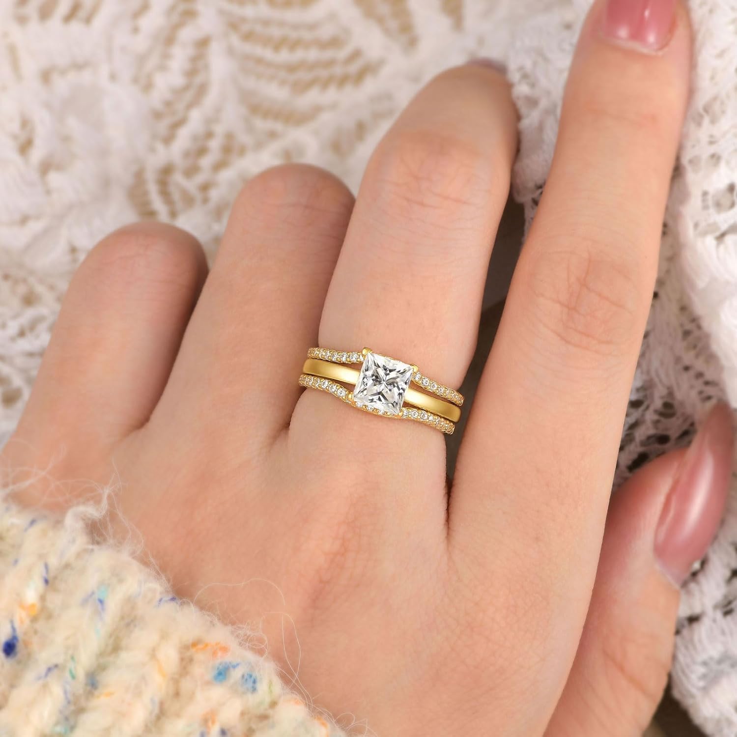 SHELOVES Solitaire Princess CZ Engagement Rings Set for Women Wedding Rings Enhancers band 925 Sterling Silver 4-13 - Image 2