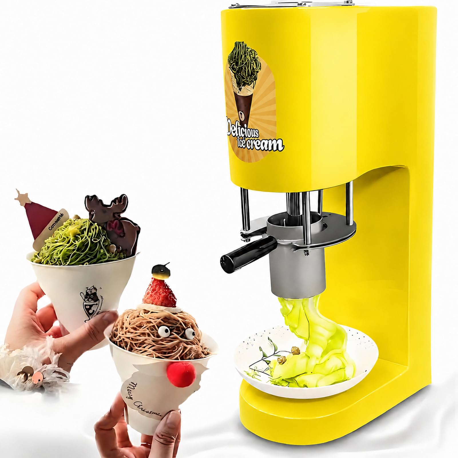 LYJIANGXIN Commercial Ice Cream Spaghetti Machine, 80W Electric Noodle Ice Cream Maker with 4 Interchangeable Molds, High Capacity Soft Serve Dessert Machine for Cafés & Restaurants