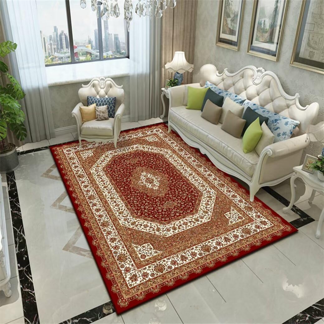 Tapis lavable 100x160cm rouge en coton doux et motif floral
