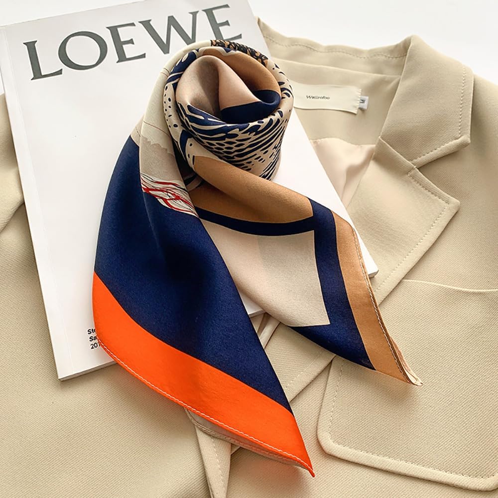 JERLA 100% Pure Mulberry Silk Square Scarf for Hair-26''x26'' Women Men Natural Silk Neckerchief Headscarf Bag scarf (Blue and orange horse) image 3
