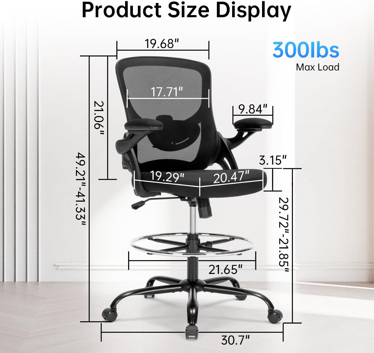 Drafting Chair Ergonomic Comuputer Standing Desk Chair with Flip-Up Arms and Lumbar Support, Tall Office Chair with Adjustable Footrest, Stool Counter Height Office Chairs Black
