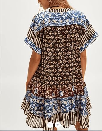 SOOKABEILA Womens Boho Mini Dress Y2k Floral Print Deep V-Neck Puff Sleeve Short Dress 2025 Summer Loose Beach Sundress