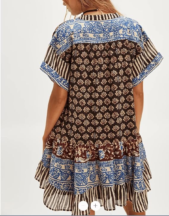 SOOKABEILA Womens Boho Mini Dress Y2k Floral Print Deep V-Neck Puff Sleeve Short Dress 2025 Summer Loose Beach Sundress