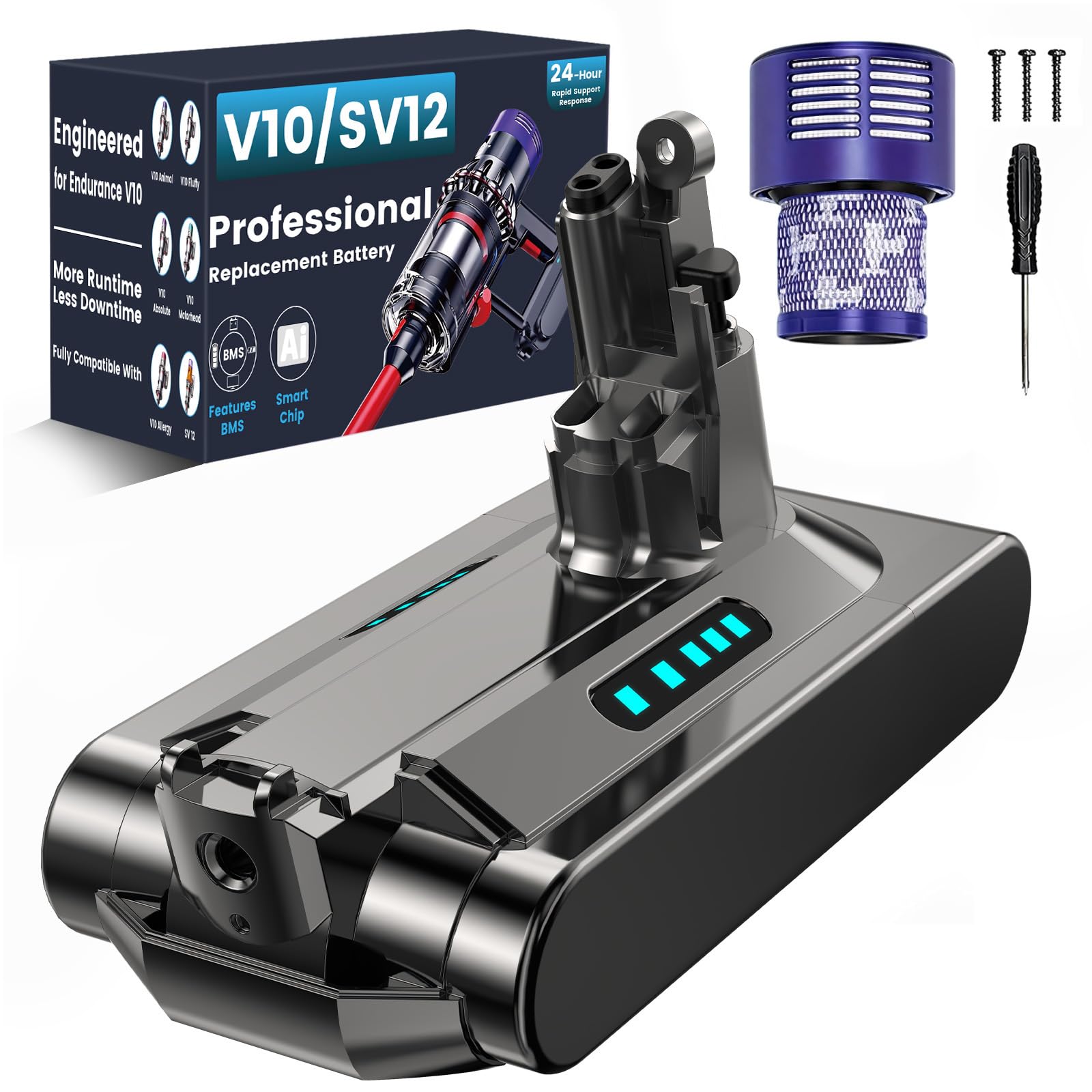 Batterie de Remplacement Compatible avec Dyson V10 SV12, Ecovoltix Batterie pour Dyson V10 Animal, Absolute, Motorhead, Fluffy Aspirateur sans Fil, Aspirateur à Main avec Filtre