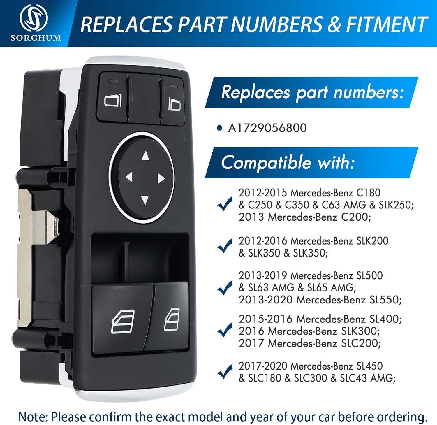 Sorghum Power Window Switch Driver Side - Master Window Switch Compatible with 2012-2020 Mercedes-Benz C200 C250 C350 SLC180 SLC200 SLC300 SLK200 SLK300 SLK350 SL400 SL500 3 Pins Replace# A1729056800