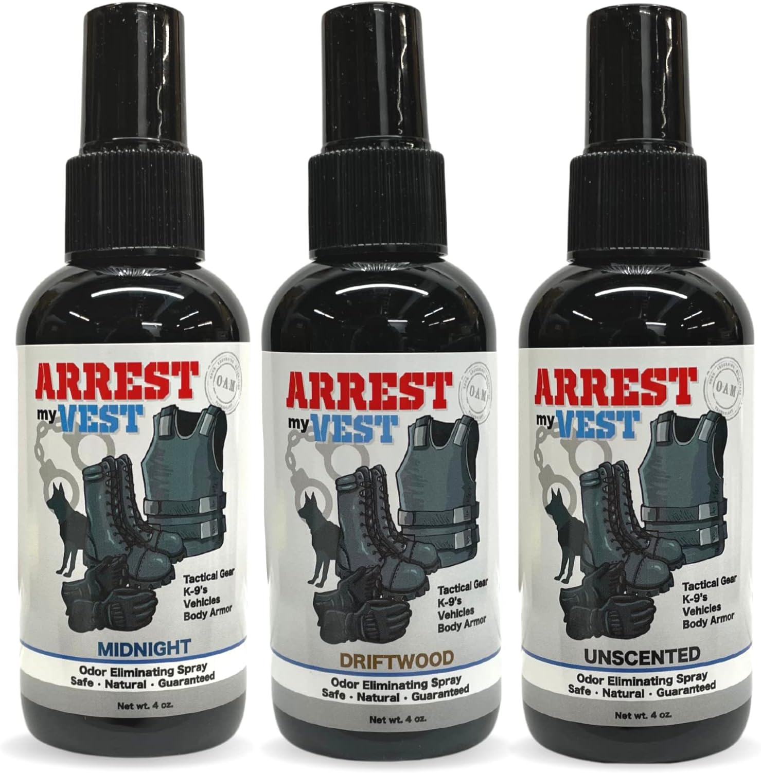 Arrest My Vest Military and Police Grade Odor Eliminating Spray for Body Armor Odor, Tactical Gear. Safe on K9's. Triple Pack of Assorted Fragrances 1 Unscented, 1 Midnight and 1 Driftwood Bottles