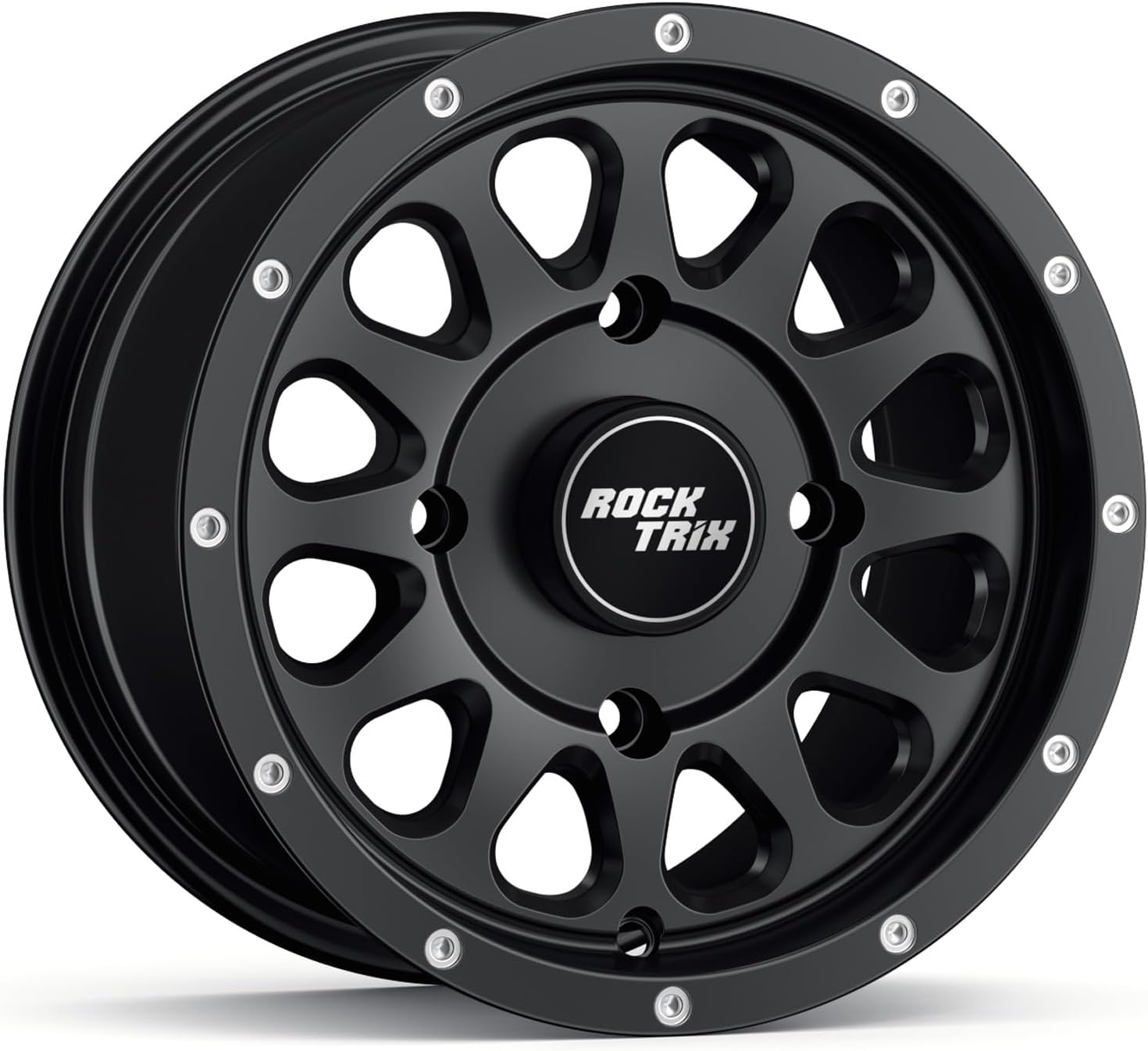 RockTrix RT111 12in ATV Wheel Rim 12x7 Matte Black, 4x156 Bolt Pattern, 4+3 offset, Compatible with Polaris Sportsman RZR Ranger - 4/156