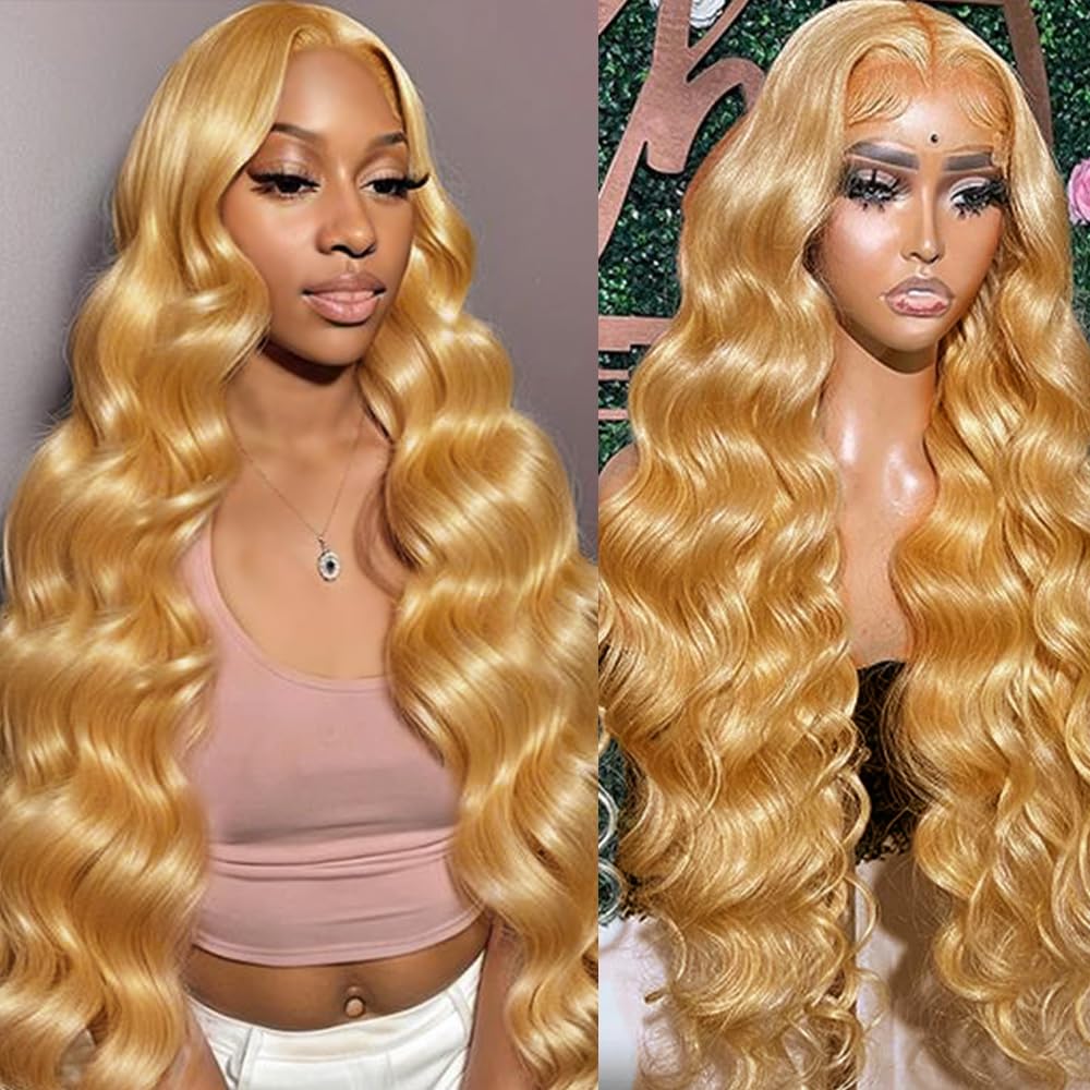 SOSATISFY Body Wave Honey Blonde Wig Human Hair 13x4 Honey Blonde HD Lace Front Wig Human Hair 200% Density 27# Colored Human Hair Wigs Pre Plucked with Baby Hair (28 inch)