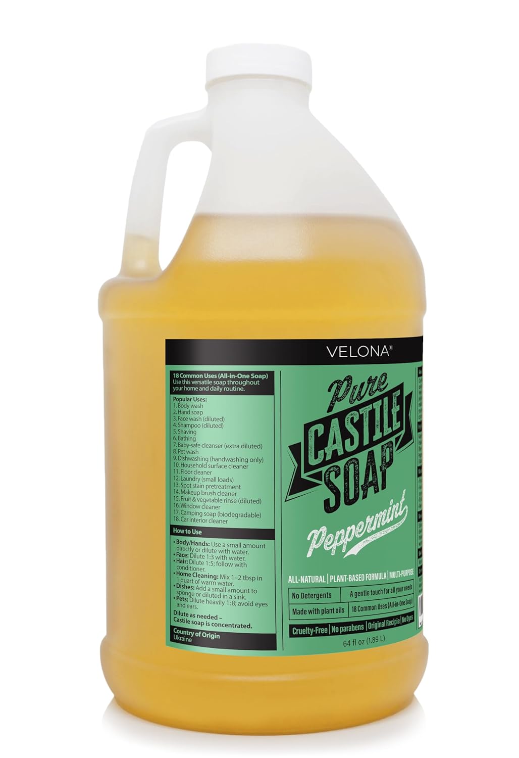 velona Pure Castile Soap - 64 Fl oz | Mild & Gentle | Face, Hand, Hair, Body Wash, Laundry | Peppermint Essential Oil