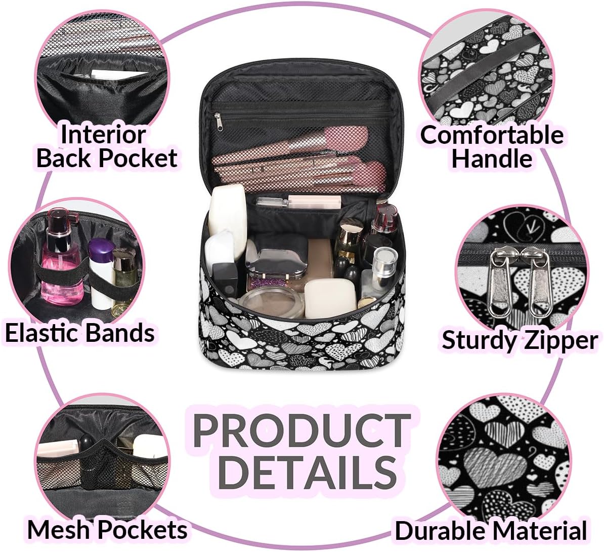 heart Makeup Bag Organizer Toiletry Bag Vanity Case White Black Portable Cosmetics Make Up Bag Zipper Pouch Case Organizer Waterproof Travel Toiletry Storage Bag for Women