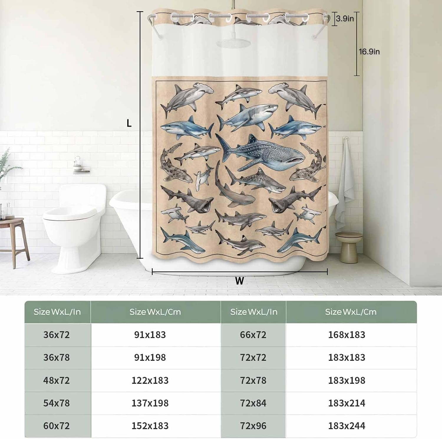 No Hook Shower Curtain and Snap in Liner Set, Ocean Sharks Fabric Bathroom Shower Curtains 66x72 Inch, See Through Mesh Top Window, Vintage Coastal Underwater Animals Brown Hotel Style, Waterproof