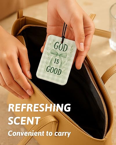 Miniatura 7 de Ambientador de aire para automóvil cristiano con lazo floral verde retro, 4 piezas, ambientador colgante religioso femenino para autos, armario,