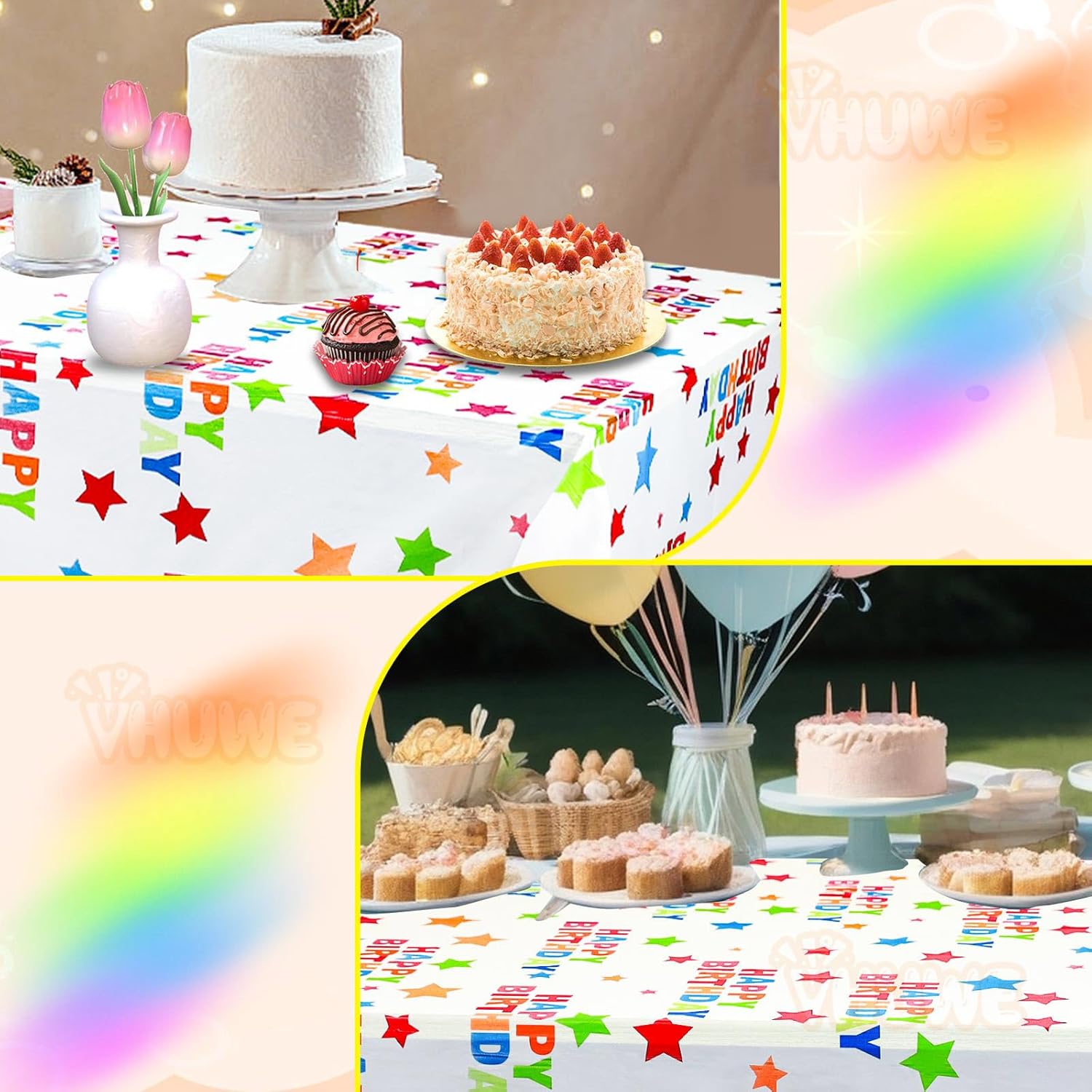 VHUWE 2 Pcs Birthday Tablecloth, 54 X 108 Inch Printed Multicolor Happy Birthday Star Plastic Thickened Tablecloths Disposable for Rectangle Tables Birthday Party Baby Shower Decorations Supplies