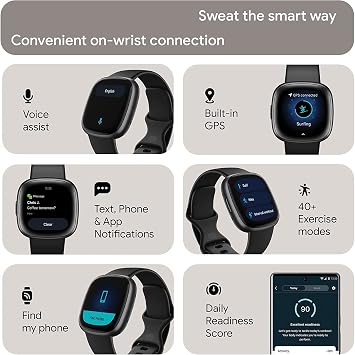 Fitbit Versa 4 Health and Fitness Smart Watch (Black/Graphite) with Built-in GPS, 6 Day Battery Life, S & L Bands, Bundle with 3.3foot Charge Cable, Wall Adapter, Screen Protectors & PremGear Cloth