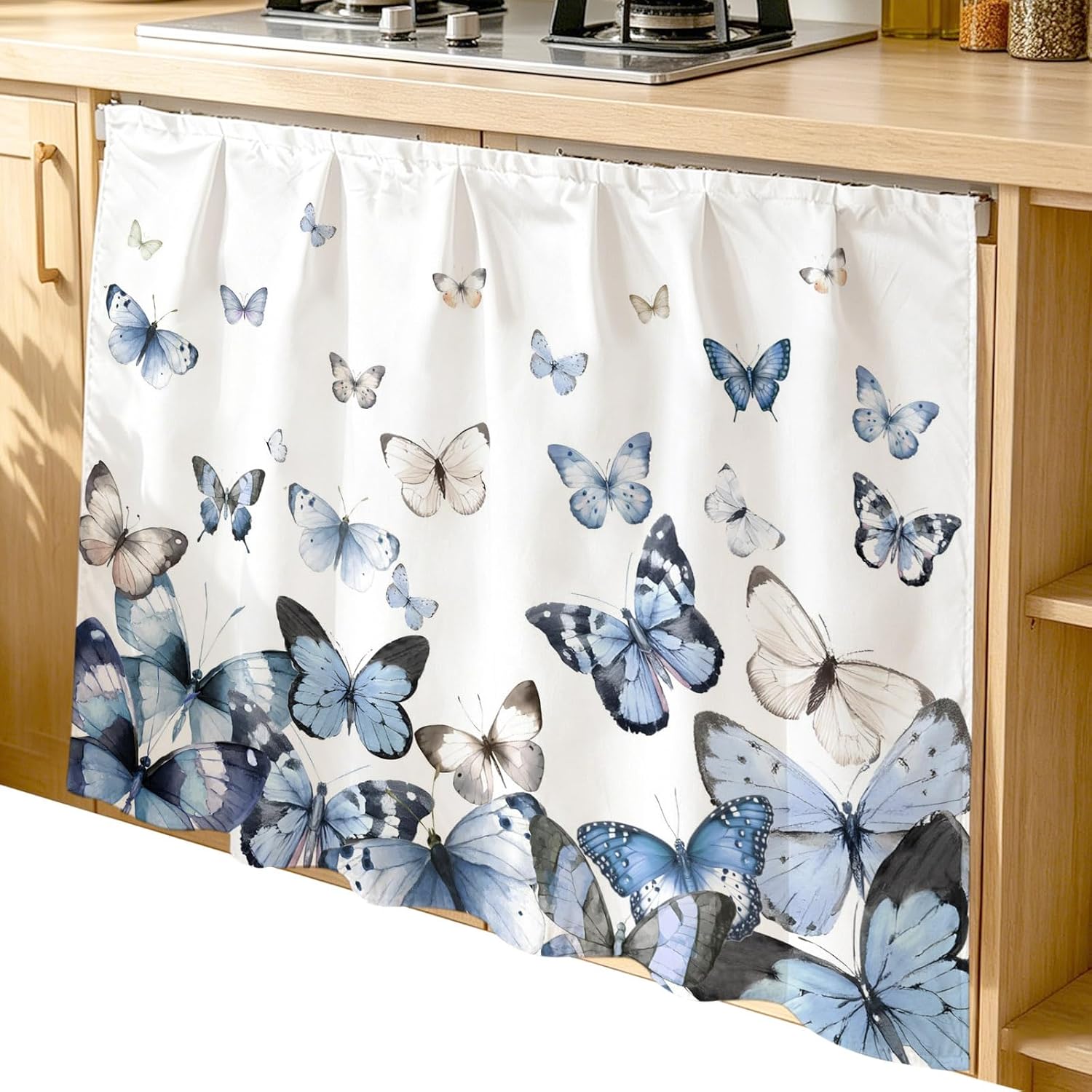 Blue Butterfly Under Sink Curtain Waterproof No Drill Cabinet Curtain with Hook and Loop, Watercolor Blue White Butterflies Sink Skirt for Closet Bathroom, Shelf 35" Wx35 L Blue