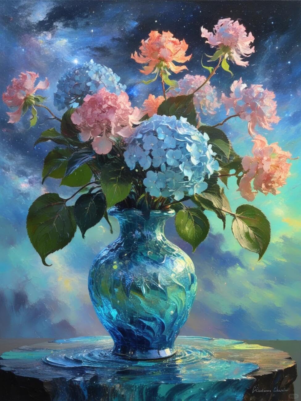 Henypt Pre Printed Cross Stitch Kit Hydrangeas and the Starry Sky Flowers DIY Needlepoint Set for Beginners The Elderly with Accessories Home Wall Art 14CT 60x80cm