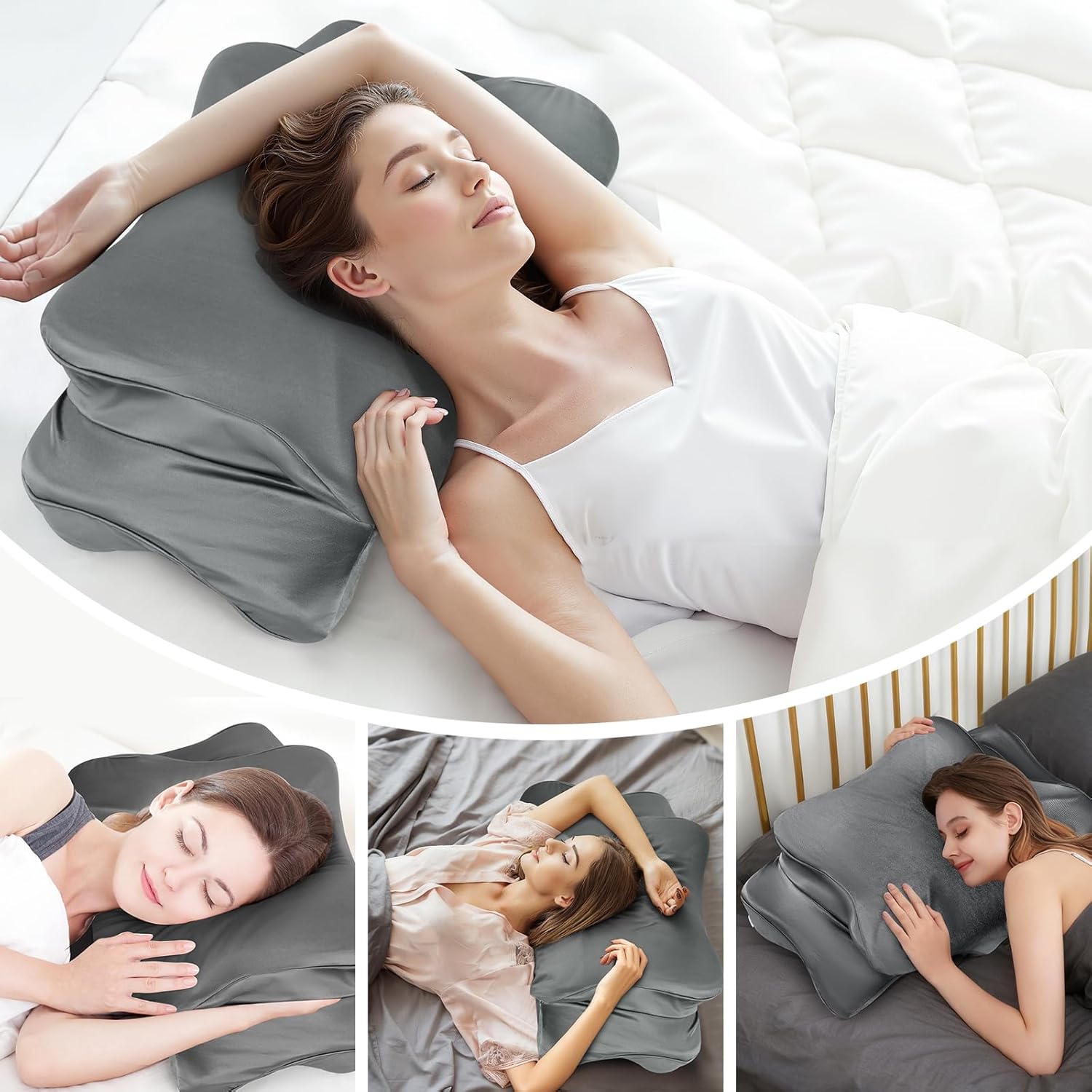 Set of 2 Thickened Satin Pillowcase, Elastic 16 * 24In Pillow Cover for Cervical Pillow or Memory Foam Pillows, Smooth & Soft Hair and Skin Friendly, Queen Size with Zipper Dark Grey