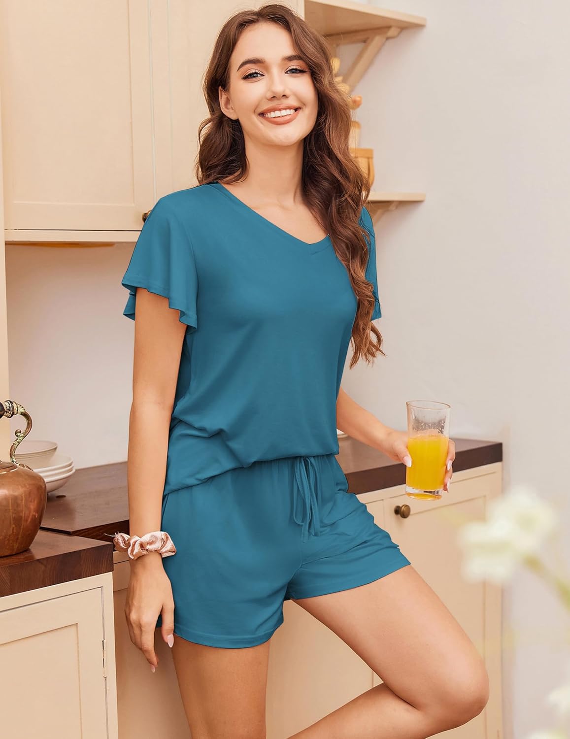 Ekouaer 2 Pack Women's Pajamas Set Soft Ruffle Sleeve Pjs Set Casual V Neck Lounge Set with Pockets - Image 4