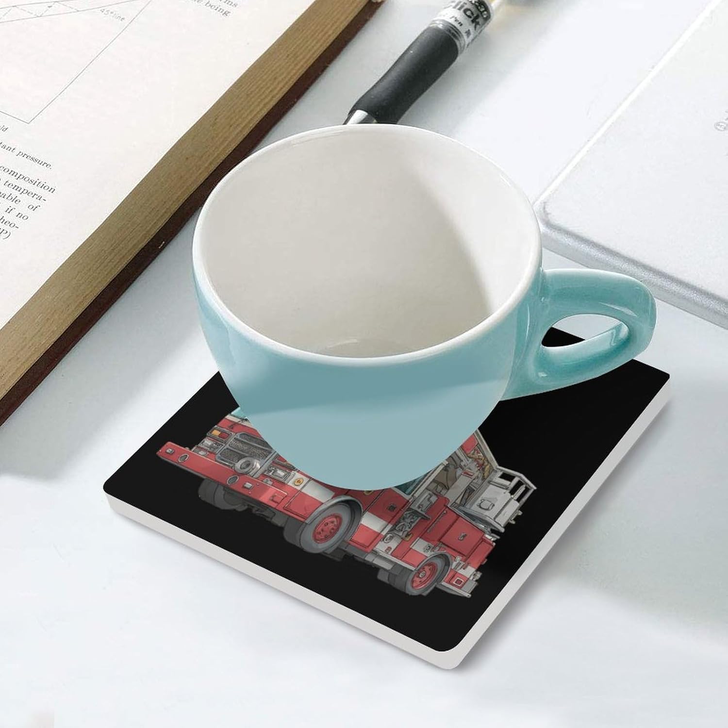Fire Truck Coaster for Drinks Square Ceramic Table Coasters Stone Mat Crafts 6PCS Home Kitchen Decor