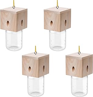 4 PCS Wood Carpenter Bee Trap for Outside - Best Bee Trap - Cube Style Nature Hanging Carpenter Bee Traps Plastic Jar Outdoor - Insect Traps