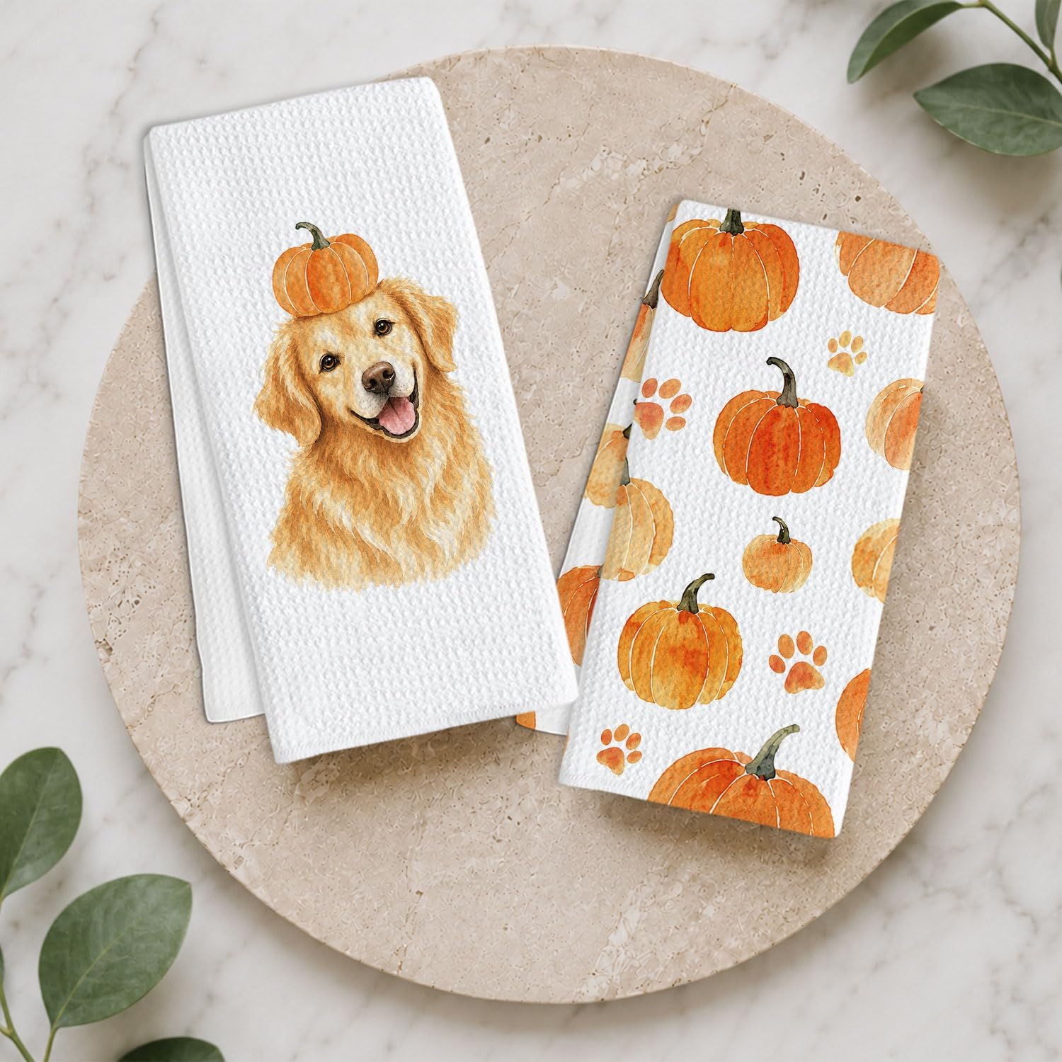 Golden Retriever Kitchen Towels Set of 2, Fall Pumpkin Dish Towels image 5