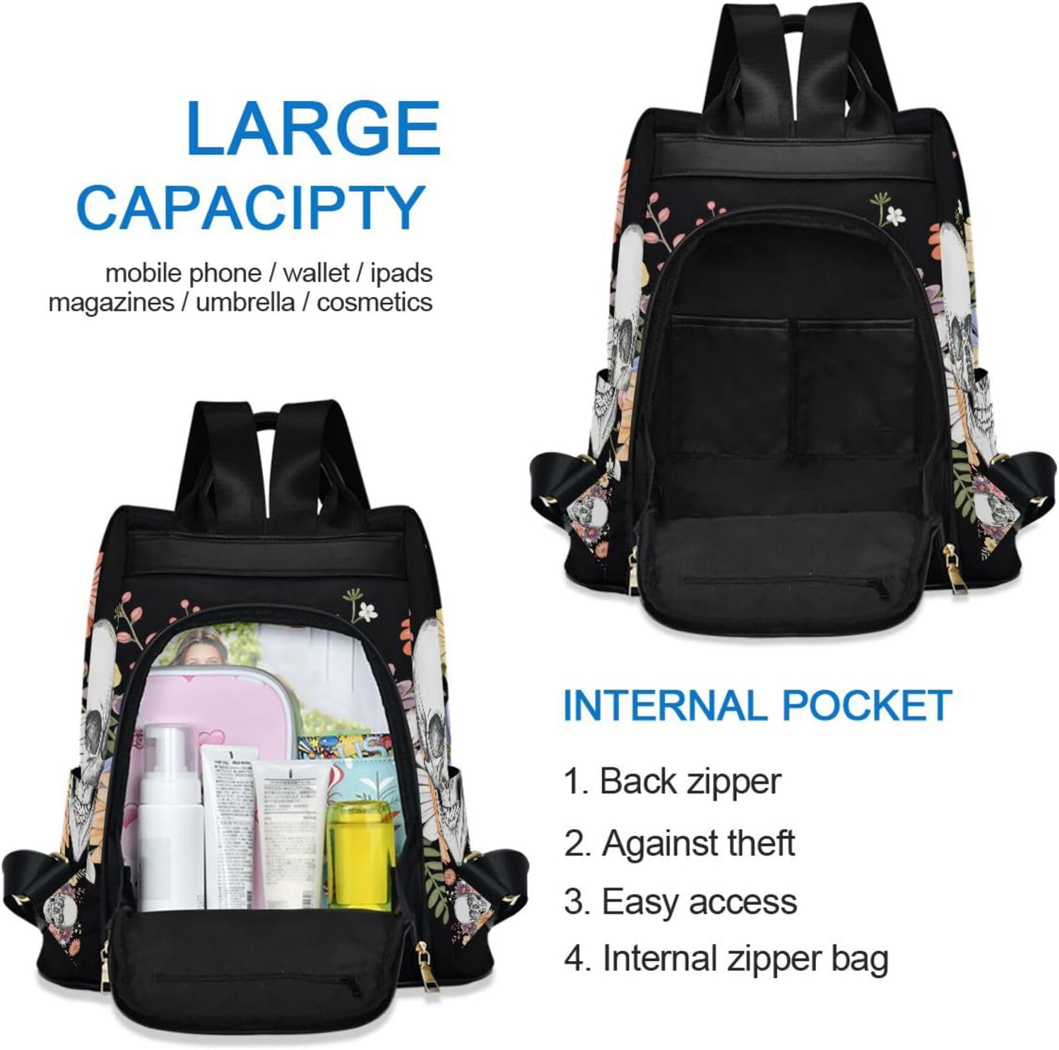 ALAZA Skull Flower Backpack Purse for Women Anti Theft Fashion Back Pack Shoulder Bag