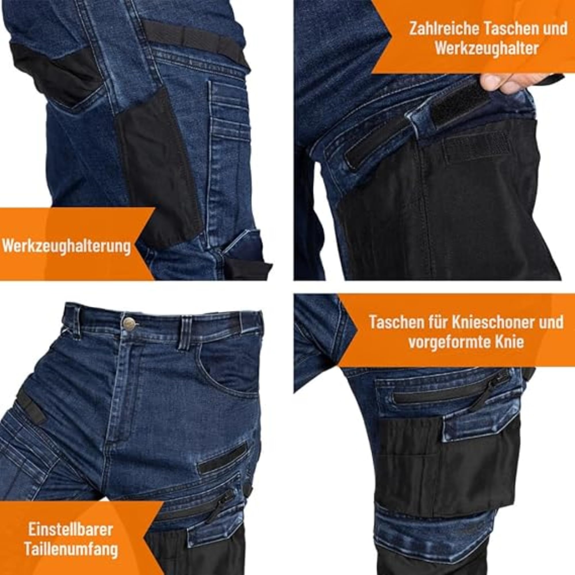 NEO TOOLS Robuste Jeans Arbeitshose, Strapazierfähige Bundhose für Herren | Aus Denim, 400 g/m² mit Kniepolstertaschen, Oxford-Verstärkungen & Stretch-Anteil