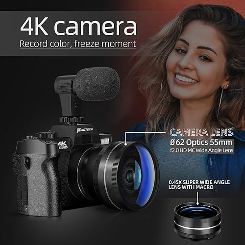 Miniatura 2 de Monitech Cámara digital para fotografía 4K 48MP Vlogging Cámara para YouTube con pantalla abatible de 180, zoom digital 16X, tarjeta TF de 32 GB, 2