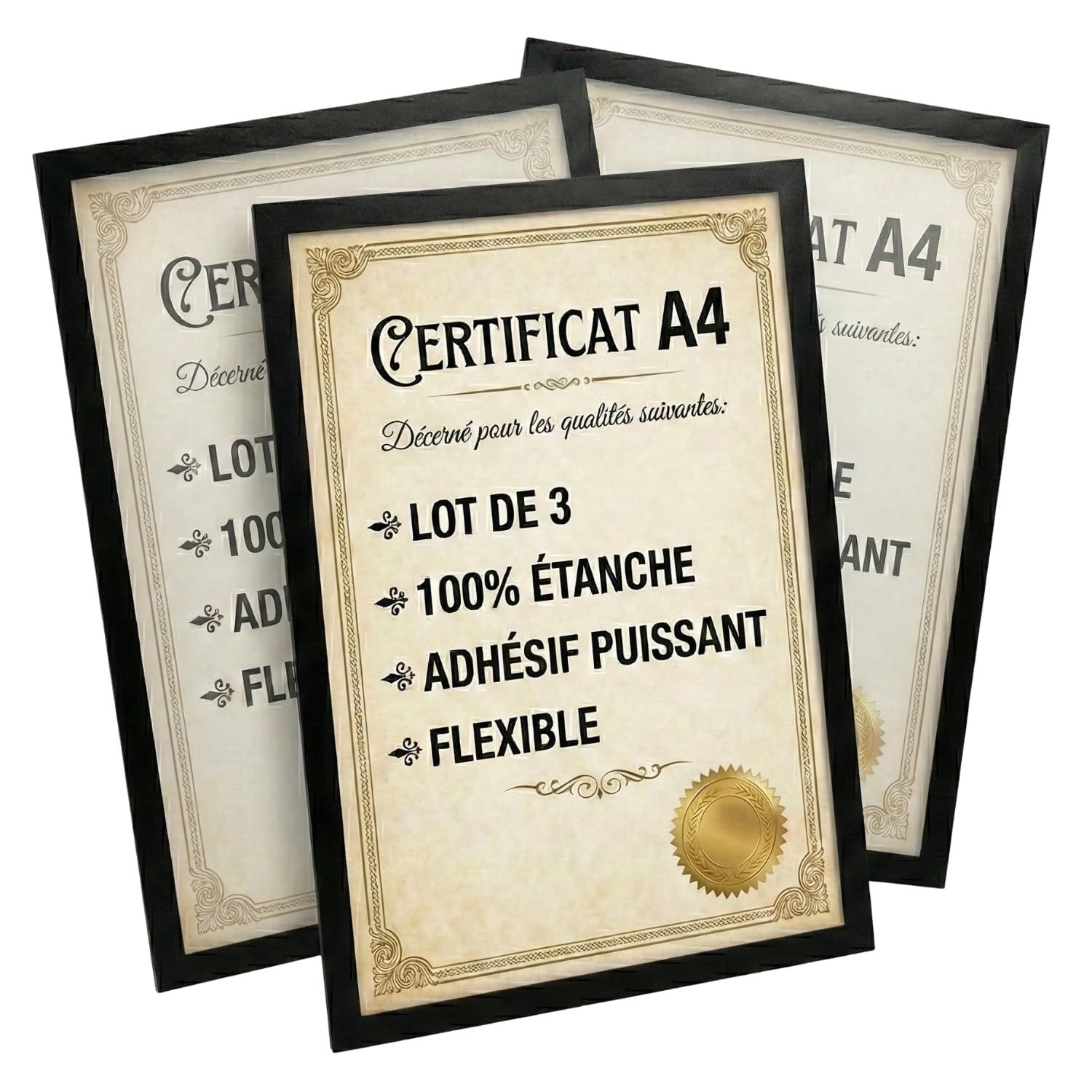 Lot de 3 Cadre A4 Photo Adhésif - Accroche Cadre Mural Sans Perçage - Cadre Photo Noir Flexible Imperméable pour Document A4 - Pose Facile Toute Surface - PVC Incassable