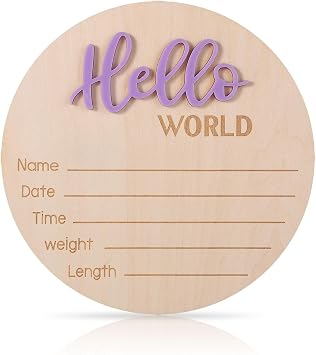 Baby Announcement Sign, 5.9in Wooden Hello World Newborn Signs, Birth Announcement Sign, Name Plaques for Newborn Boys and Girls Photo Props Baby Shower Hospital Nursery Light Purple