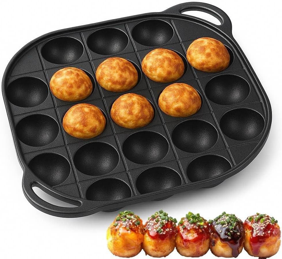 JapanBargain 1795, Takoyaki Pan Cast Iron Takoyaki Maker Skillet Griddle Japanese Octopus Meat Ball Mold Maker, 21 Molds